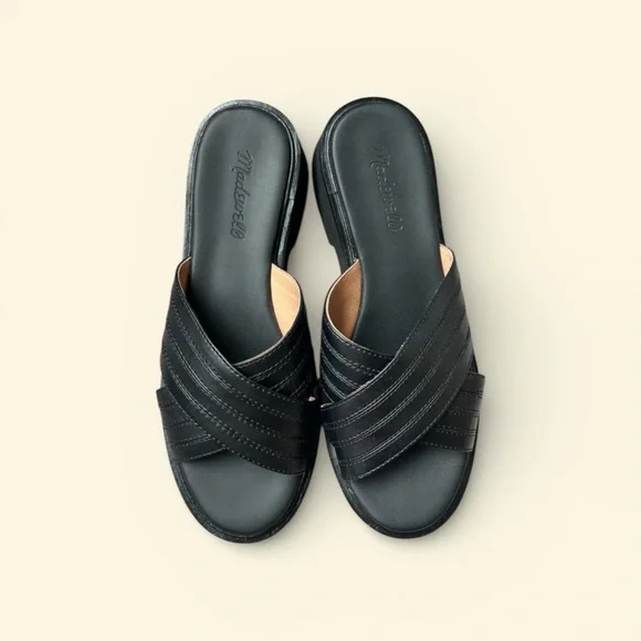 Madewell NWOB Louisa Sandals 11 US Black Leather Crisscross Slide Slip On Flat - Picture 3 of 5